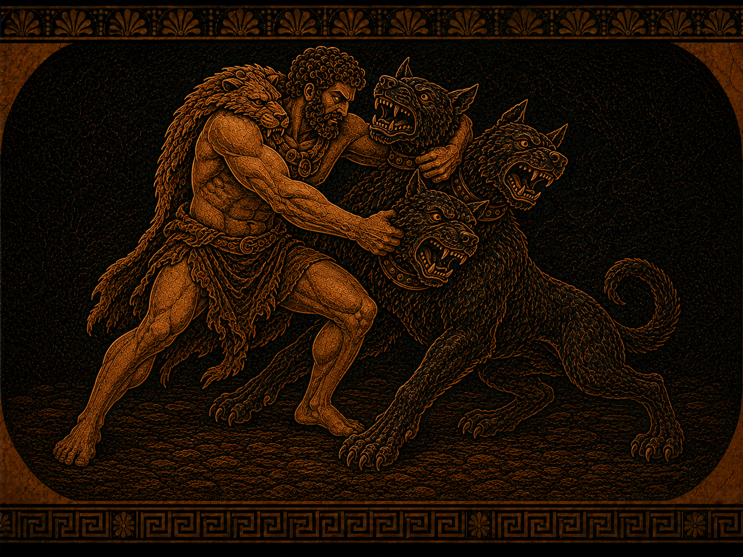 Heracles wrestling and mastering the three-headed Cerberus without weapons